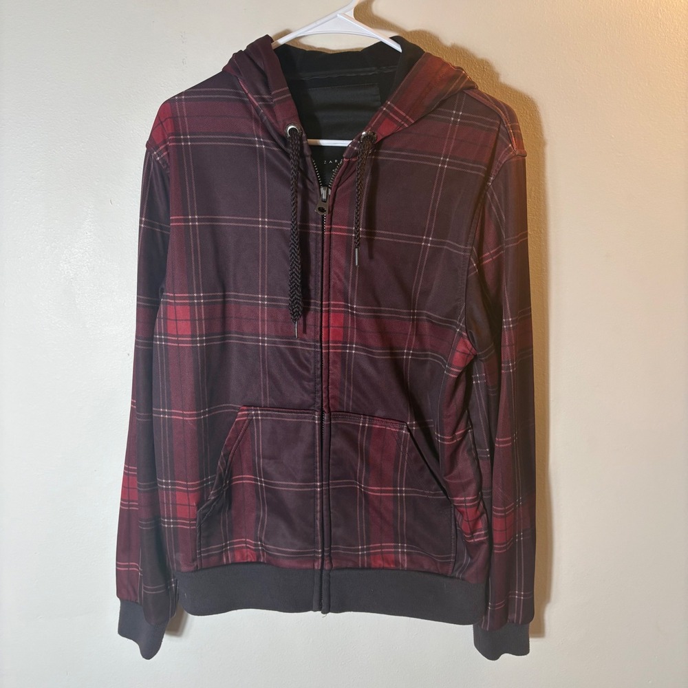 Zara Man Plaid Full Zip Hoodie Jacket Burgundy Red Black Men's Size‎ L